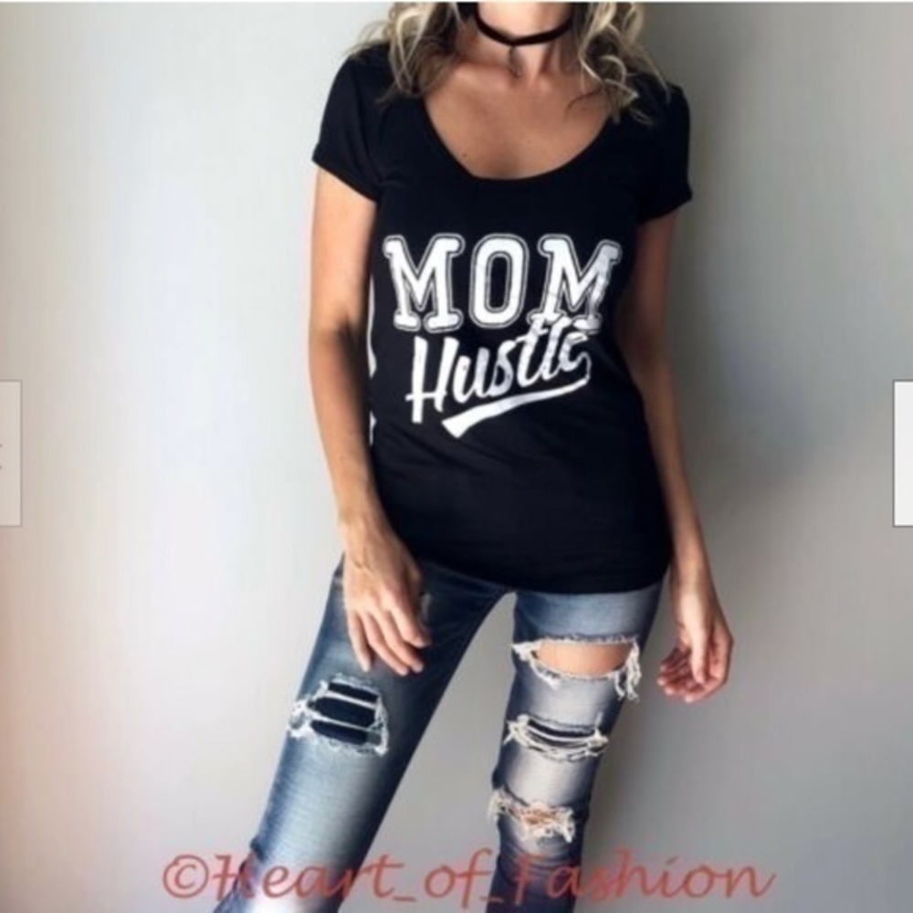 "Mom Hustle" Graphic Short Sleeve Scoop Neck Lightweight Stretch Top Shirt Tee - Picture 4 of 5
